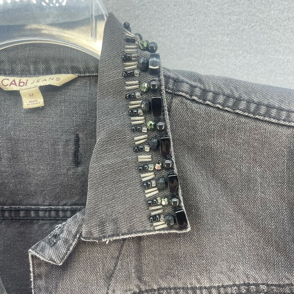 CAbi Jeans Black Distressed Jean Jacket with Beaded Collar Women’s Size Medium - Picture 12 of 16